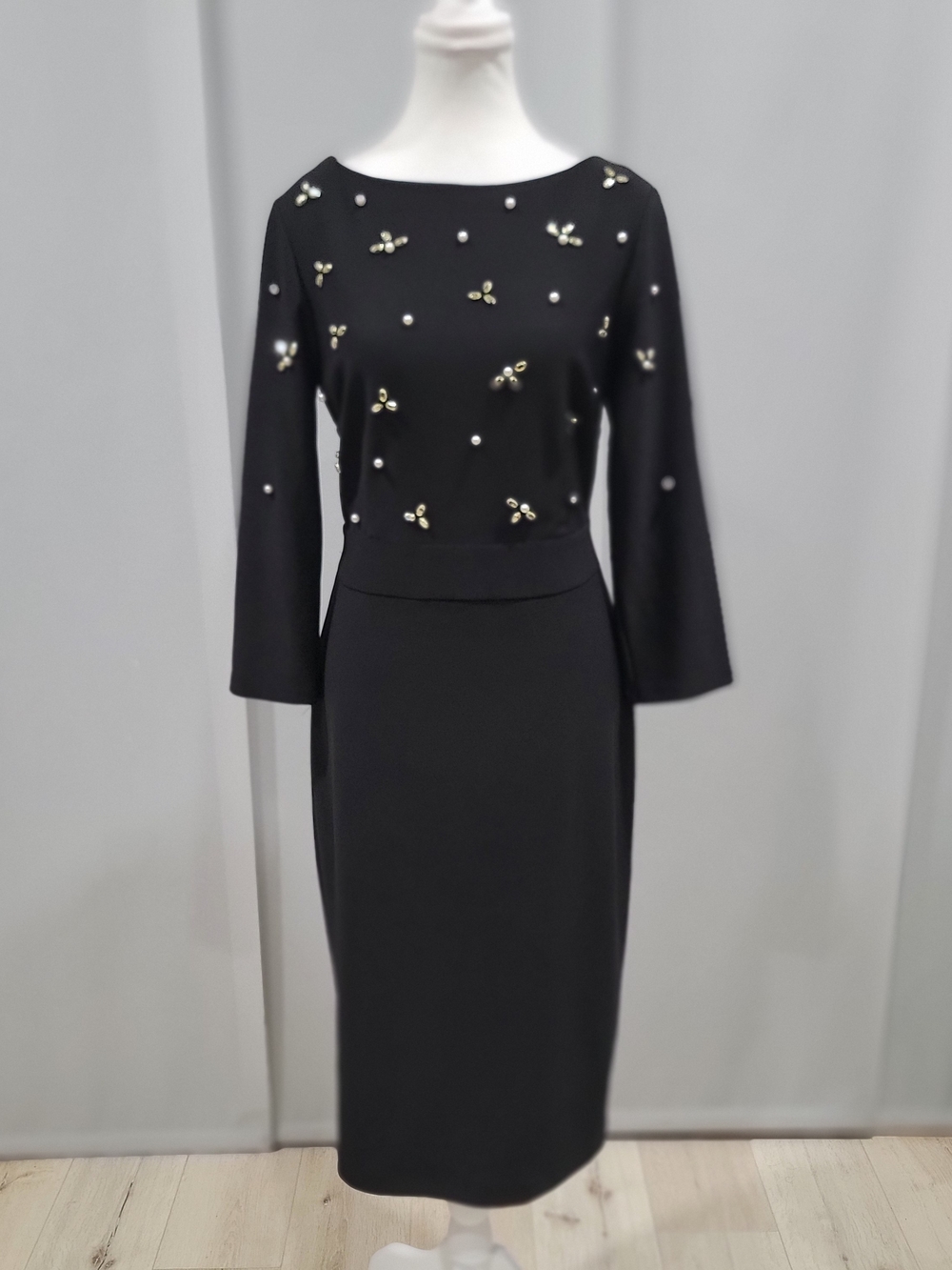 D97 Joseph Ribkoff Black Midi Dress with Pearl & Gold Accents
